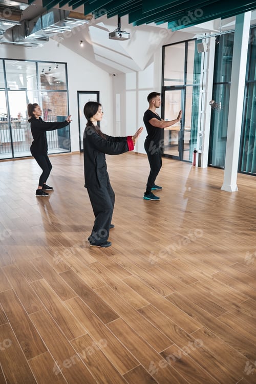 Preview: People slightly folding knees while stretching arms during tai chi