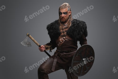 Preview: Medieval viking with black fur holding shield and axe