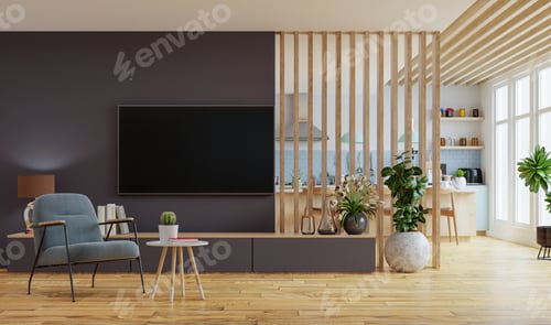 Preview: Modern interior room with furniture,TV room,Dining room.
