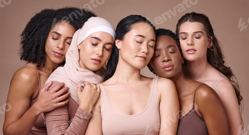 Preview: Women, diversity and relax global model group feeling calm about skincare, beauty and skin glow. Co