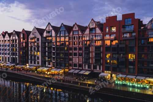 Preview: Old town in Gdansk at summer dusk Poland. Sunset night view from the window rooftop on new modern