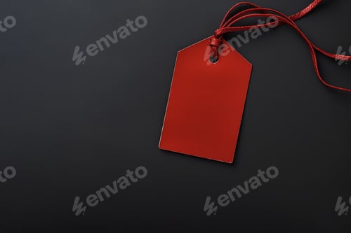 Preview: Red empty price tag on black or dark background. Black Friday concept, template copyspace