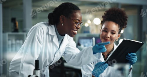 Preview: Science, women and tablet in lab for advice, positive feedback or pointing with problem solving at