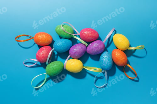 Preview: Collection of decorative and colorful Easter eggs on a blue background. Easter card.