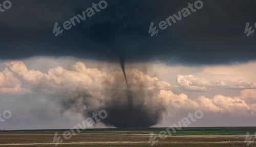 Preview: Tornado touching down in open countryside under stormy skies.