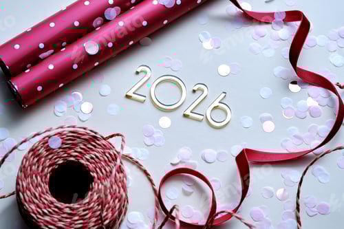 Visualização: Fundo abstrato dos atributos do Natal com o ano número 2026.