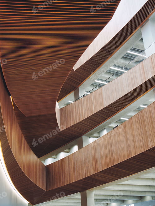 Preview: Low-angle closeup of a Central Library with wooden and white decorative parts