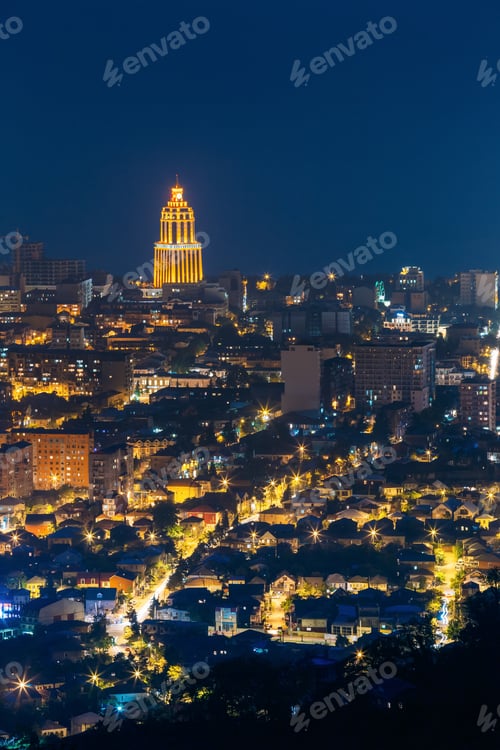 Preview: Batumi, Adjara, Georgia. Aerial View Of Urban Cityscape At Evening Or Night. Night Illumination