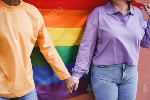 Preview: Happy women gay couple holding hands with rainbow flag on background - Lgbt and love concept