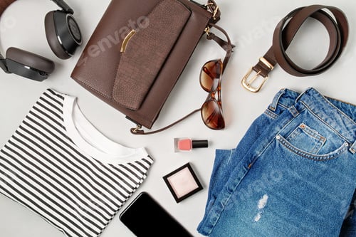 Preview: Brown Purse with Jeans and Accessories Flat Lay