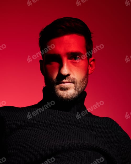 Preview: Man, headshot and red background portrait in studio for vintage fashion aesthetic. Calm model, beau