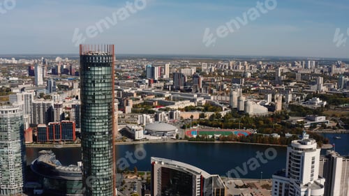 Preview: Panorama of city with beautiful architecture and river on sunny day. Stock footage. Beautiful modern