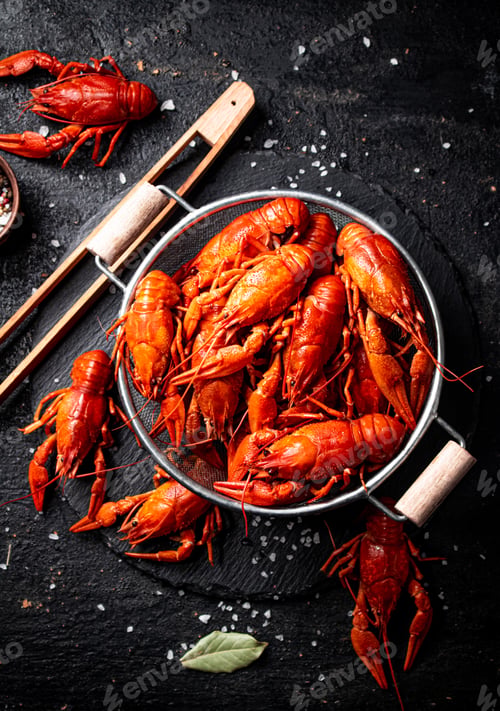 Preview: Boiled crayfish in a colander on a stone board.
