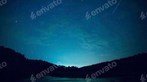Preview: Stars over the lake at summer night on dark sky. Starfall. Amazing milky way galaxy with big amount