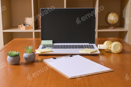 Preview: Productive creative workspace setup with laptop and office supplies