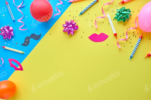 Preview: yellow background, the concept of party time, an invitation to a birthday or other celebration.