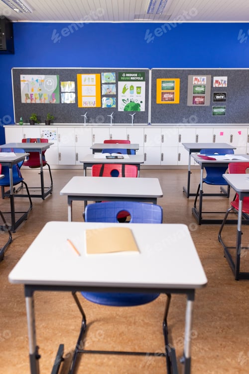 Preview: Classroom with Desks, Chairs and Learning Materials