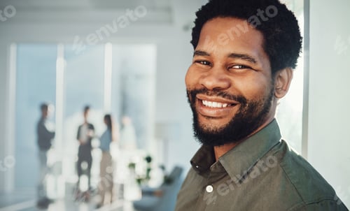 Preview: Face portrait, business smile and black man in office with vision, mission and success mindset. Ceo
