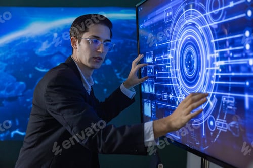Preview: Man Operating Futuristic Data Interface on Touchscreen