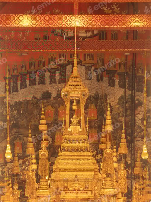 Preview: Golden pagoda at Temple of the Emerald Buddha in Bangkok, Thailand. Wat Phra Kaew and Grand palace