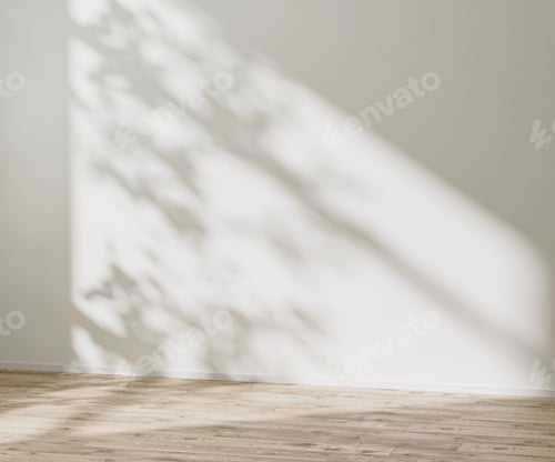 Preview: empty room mock up with wooden floor and empty white wall with sunlight and leaves shadow
