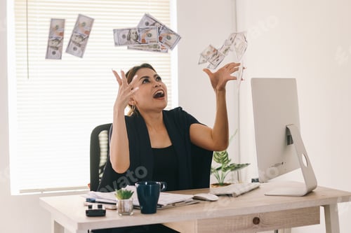 Preview: Cheerful Rich Businesswoman Throwing Money