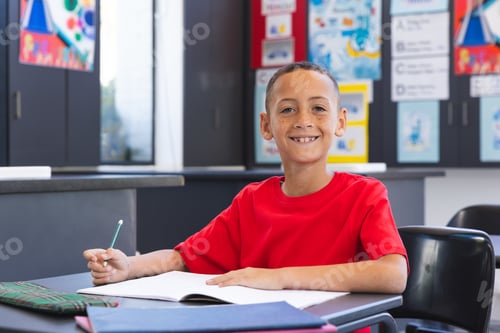Preview: Biracial boy smiles in a classroom setting in school