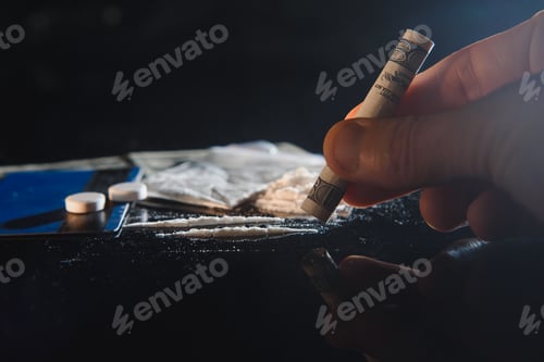 Preview: Hard drugs on black table. Close up.