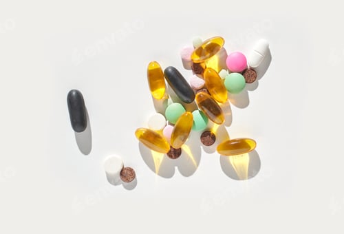 Preview: Assorted vitamins and pills on white background with shadows cast in natural