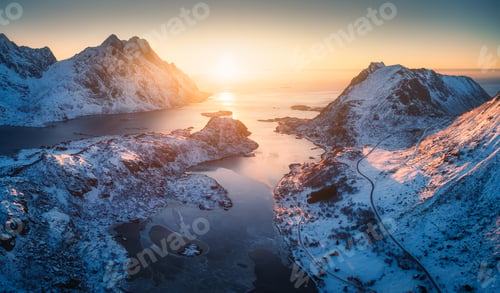 Preview: Aerial view of beautiful fjord at sunset in Lofoten Islands