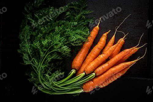 Preview: Bunch of fresh carrots with green leaves on dark background. Flat lay. Top view