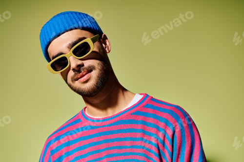 Preview: Young man flaunts stylish outfit and cool sunglasses in studio setting