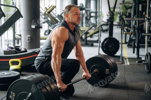 Preview: Strong hands, with barbell. Senior man is in the gym