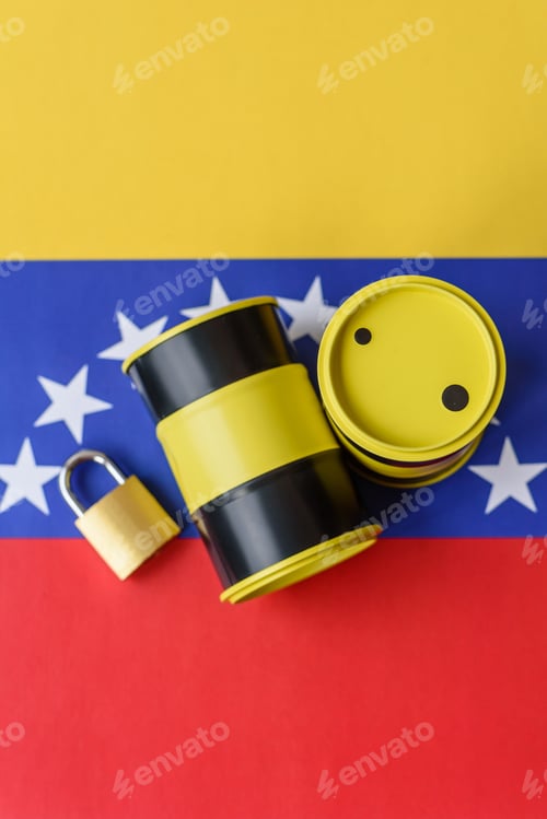 Preview: Barrels of oil, gas, or chemicals on the venezuelan flag and a ban sign. Barrels of venezuela oil