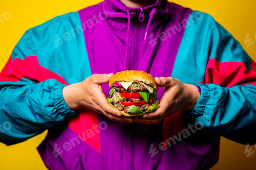 Preview: Style guy in 80s clothes with big burger