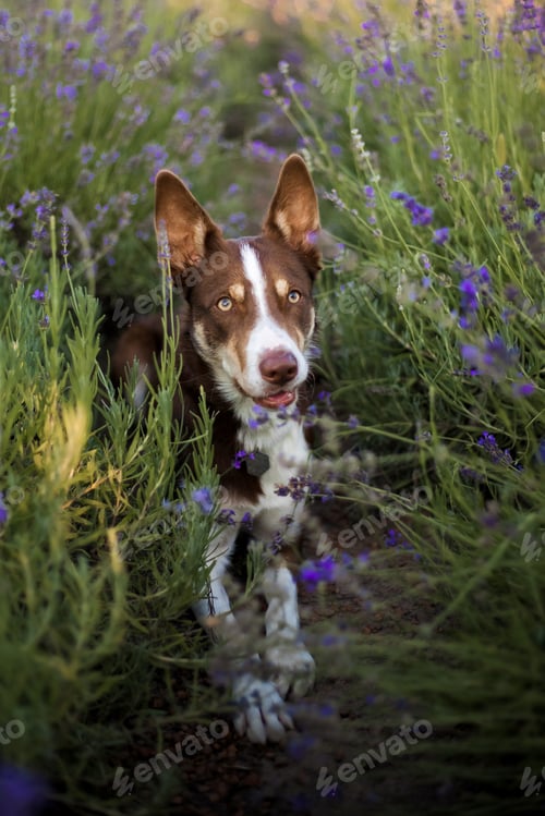 Preview: A border collie dog in a field of lavender flowers