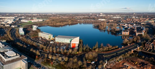 Preview: Aerial view of the lake at lakeside Village in Doncaster, UK