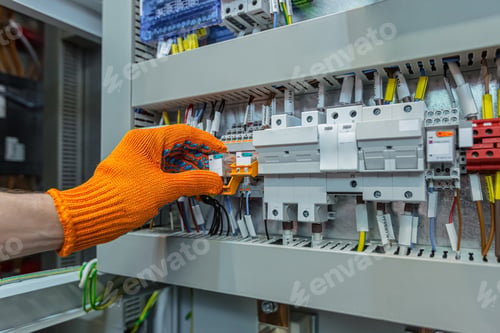 Preview: Hand of male electrical engineer mounts power energy shields close up photo