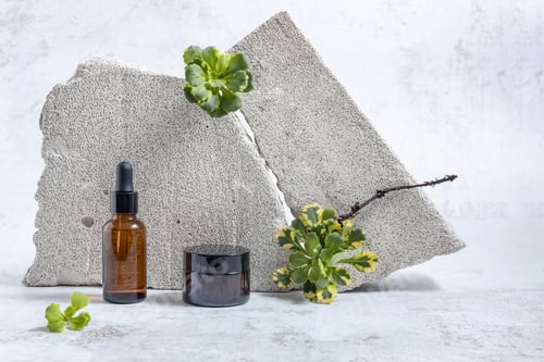 Preview: bottles for cosmetics, stones and green leaves of succulents on a gray background