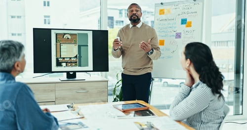 Preview: Businessman, discussion or meeting with screen for presentation, interior design or floor plan at o