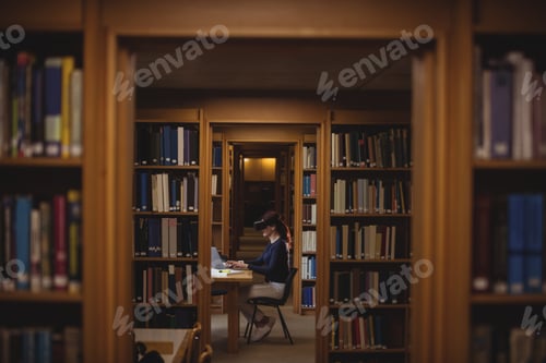 Preview: Mature student in virtual reality headset using laptop