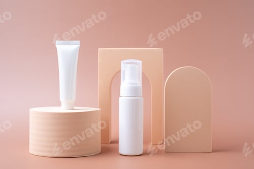 Preview: Mock-up pump, bottle, and tube for cosmetic and skin care products on a pastel background.