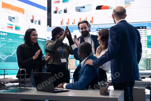 Preview: Diverse enterprise team enjoying huge global expansion progress