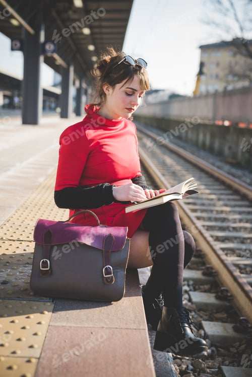 Preview: young beautiful red dressed vintage hipster woman