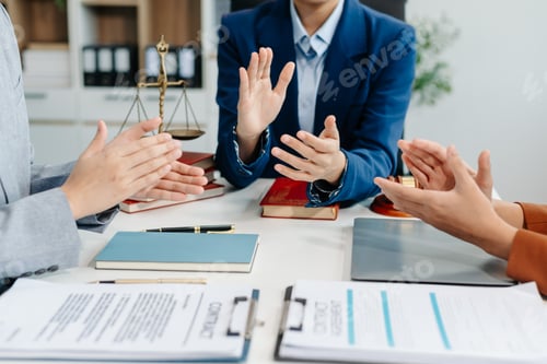 Preview: Asian team and lawyers discussing contract papers coworker, teamwork celebrating achievement.