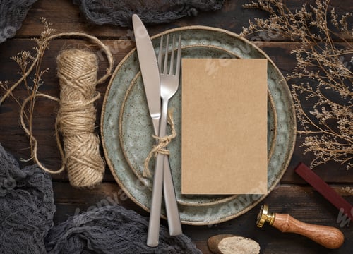 Preview: Blank paper card on plate with fork and knife and dried plants