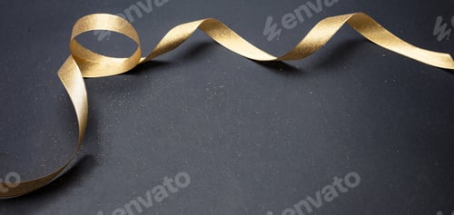 Preview: Golden satin ribbon on black background, copy space