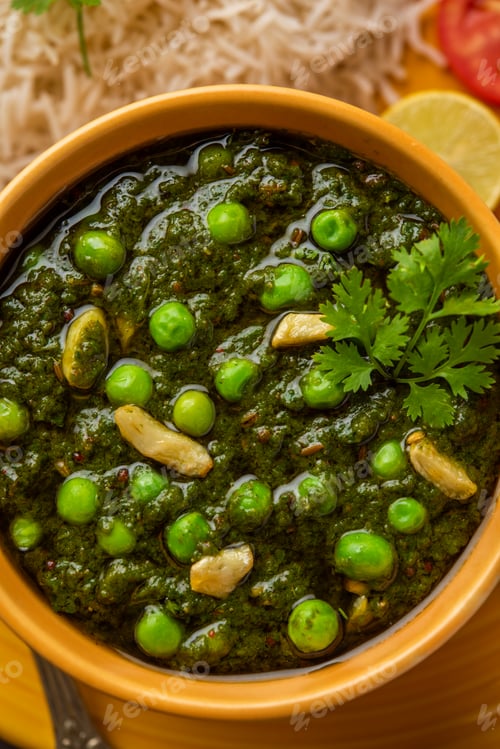 Preview: palak matar curry also known as spinach geen peas masala sabzi or sabji, indian food