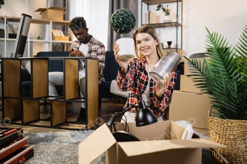 Preview: Wife unpacking boxes while husband assembling shelves