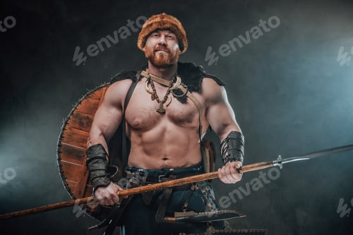 Preview: Smiley viking with hat and spear in dark and smokey background